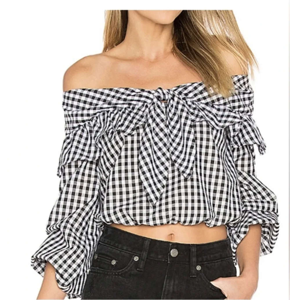 Lovers + Friends Blouse Small Black Gingham Off Shoulder Ruffle Revolve Rebecca